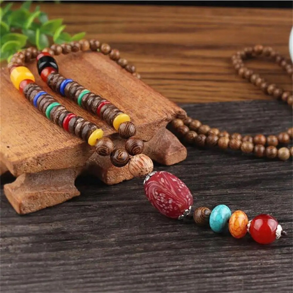Naszyjnik drewniany nepal buddyjski mala amulet koraliki handmade tybet - obrazek 2