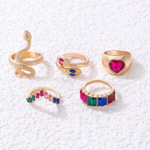 Zestaw złotych pierścionków retro punk vintage 5 sztuk wąż serce multicolor - miniatura 7