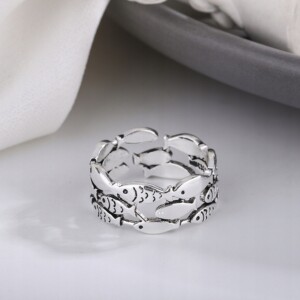 Srebrny damski pierścionek regulowany uniwersalny modny sygnet ryby - miniatura 6