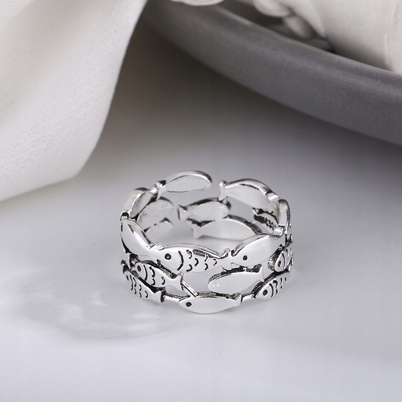 Srebrny damski pierścionek regulowany uniwersalny modny sygnet ryby - obrazek 6