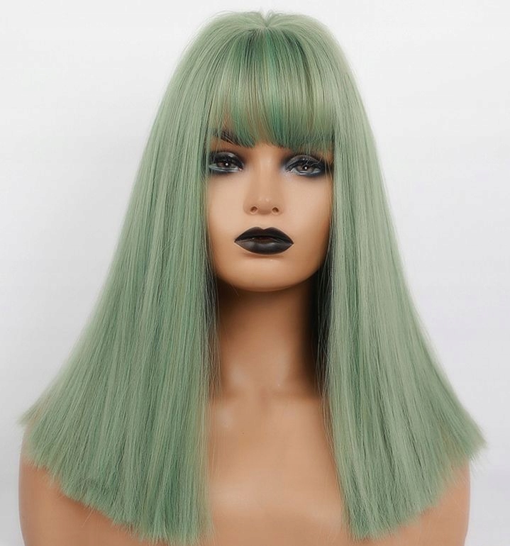 Kolorowa peruka zielone włosy długa miętowa proste grzywka - obrazek 2