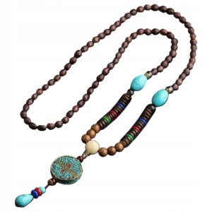 Naszyjnik drewniany nepal buddyjski mala amulet koraliki ręcznie wykonany - miniatura 1