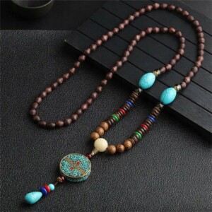 Naszyjnik drewniany nepal buddyjski mala amulet koraliki ręcznie wykonany - miniatura 2