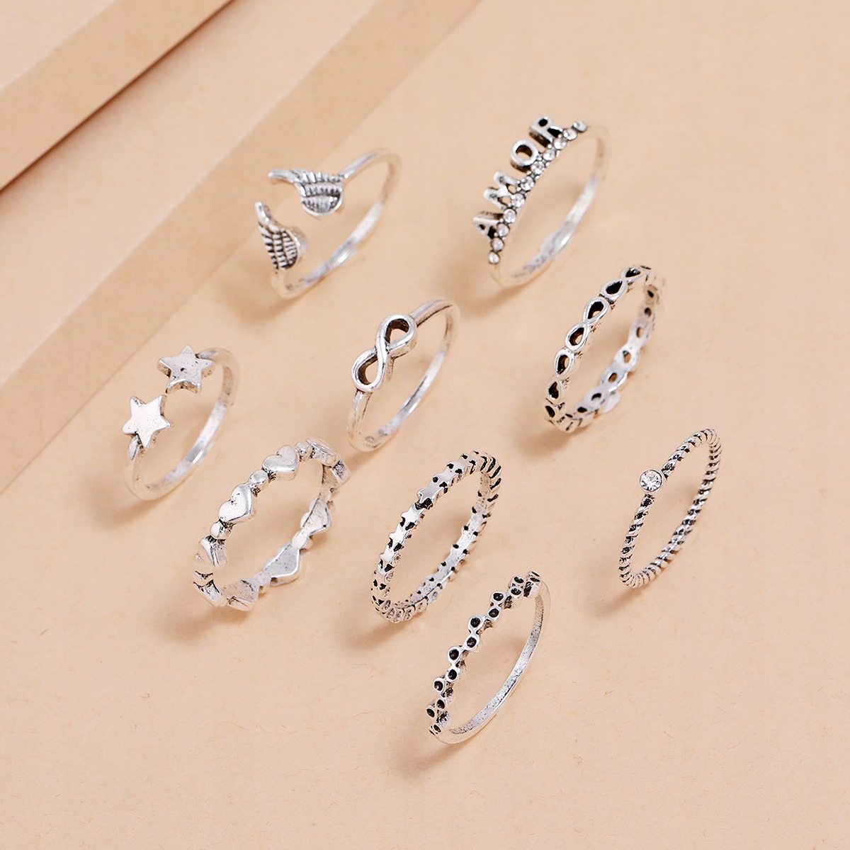 Srebrny zestaw pierścionków retro punk boho 90 - obrazek 5