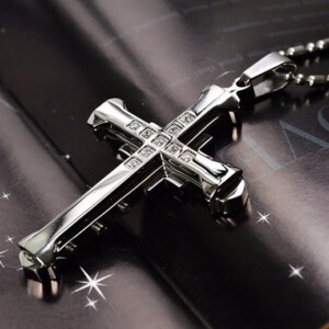 Naszyjnik wisiorek stal kajdan krzyżyk czarny 389 - miniatura 3