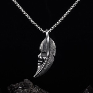 Naszyjnik srebrny stal pióro czaszka księżyc 383 - miniatura 6