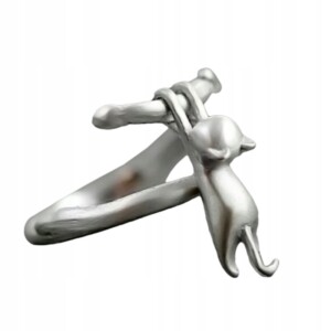 Srebrny damski pierścionek regulowany uniwersalny prezent spadający kot