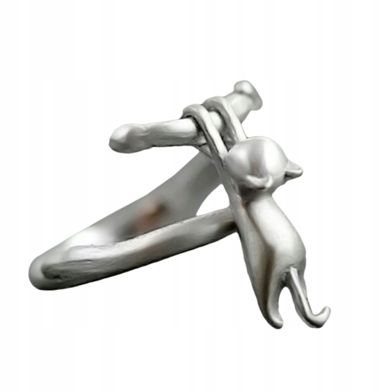 Srebrny damski pierścionek regulowany uniwersalny prezent spadający kot