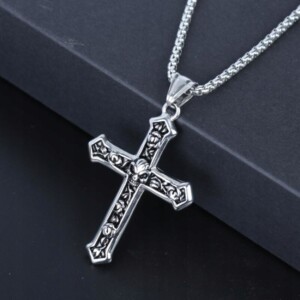 Naszyjnik srebrny łańcuch stal krzyżyk czaszka 363 - miniatura 3