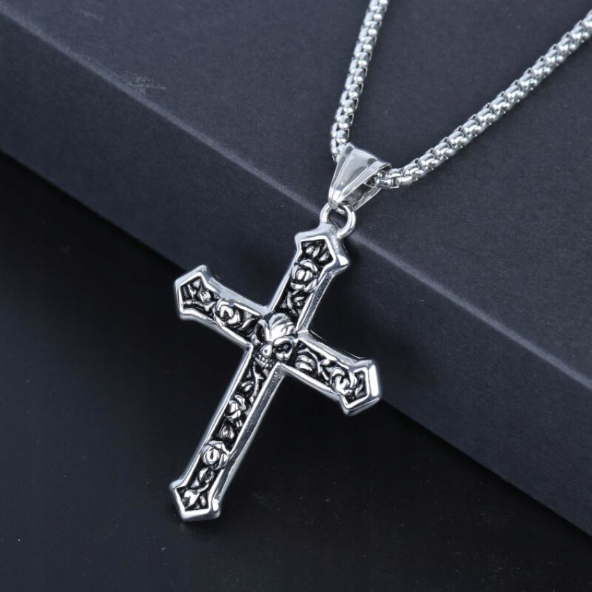 Naszyjnik srebrny łańcuch stal krzyżyk czaszka 363 - obrazek 3