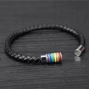 Bransoletka opaska tęczowa tęcza lgbt skórzana czarna unisex - miniatura 5