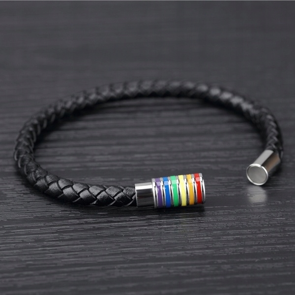 Bransoletka opaska tęczowa tęcza lgbt skórzana czarna unisex - obrazek 5