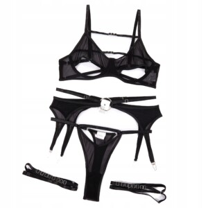 Seksowny komplet bielizny damskiej sexy stanik stringi czarny zmysłowy r.l - miniatura 5