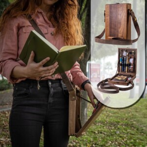 Torba drewniana listonoszka crossbody pudełko szkatułka retro ramię artysty - miniatura 12