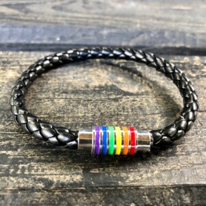 Bransoletka opaska tęczowa tęcza lgbt skórzana czarna unisex - miniatura 2