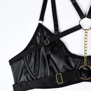 Seksowny komplet bielizny damskiej stanik pasy łańcuszki stringi czarny l - miniatura 4