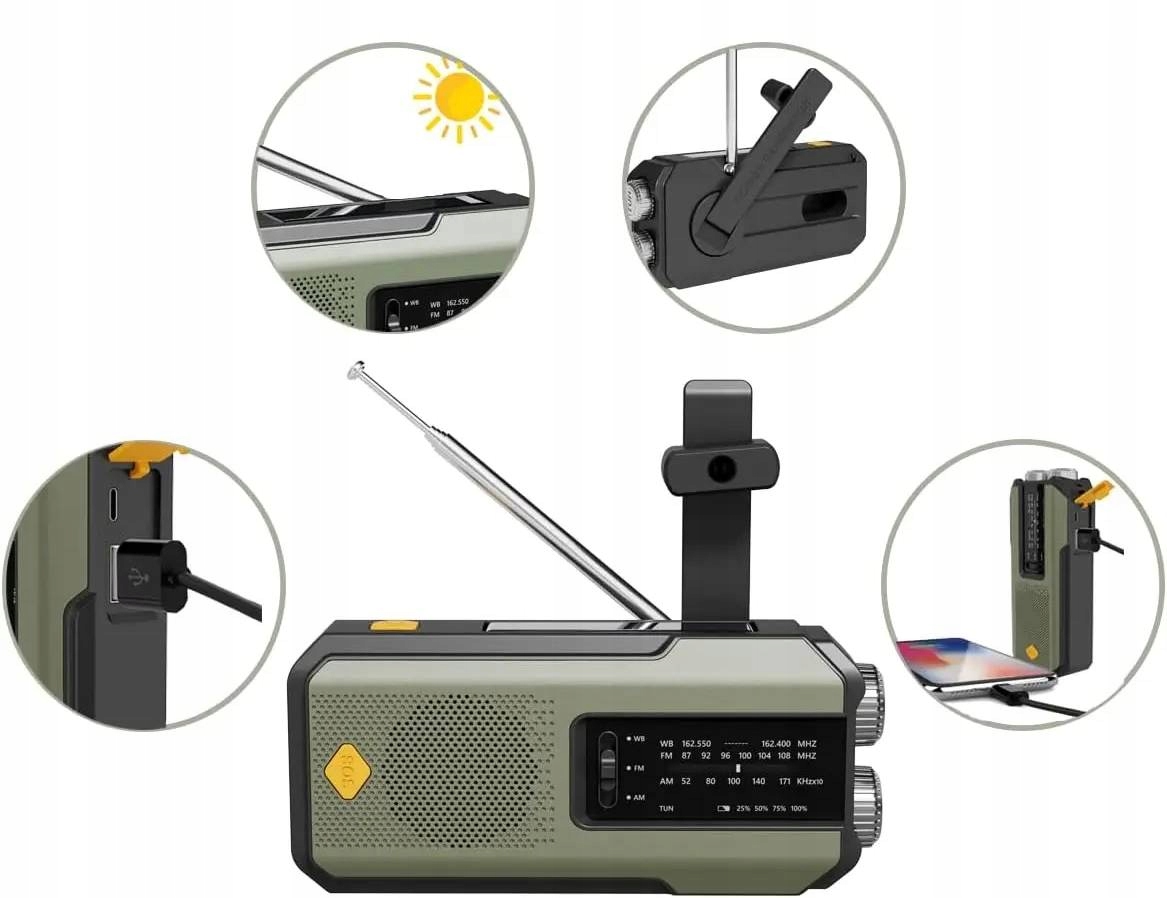 Radio awaryjne z korbką latarką dynamo usb solarne alarm sos turystyczne - zdjęcie 7