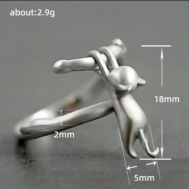 Srebrny damski pierścionek regulowany uniwersalny prezent spadający kot - obrazek 3