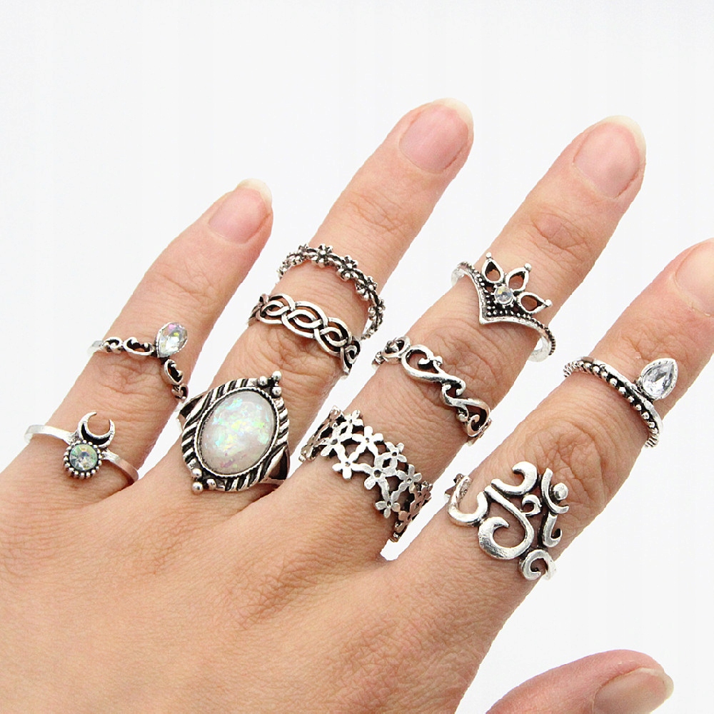 Srebrny zestaw pierścionków retro punk boho 15 - obrazek 9