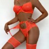 Piękny komplet bielizny damskiej stanik stringi pasy podwiązki pomarańcz l - miniatura 5