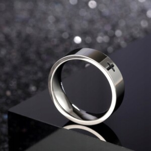 Obrączka pierścień sygnet srebrny stal krzyżyk 242 - miniatura 2